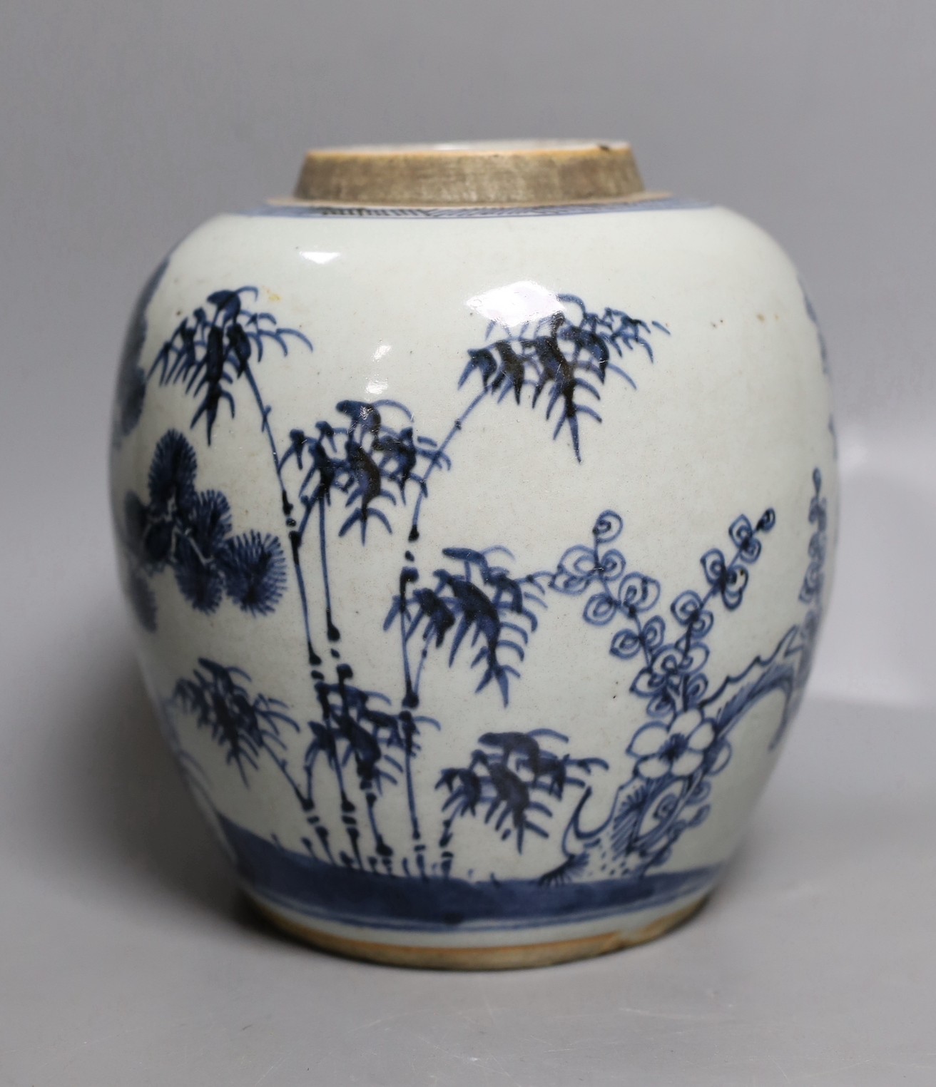 An 18th century Chinese blue and white ‘Three Friends’ jar, 19cm